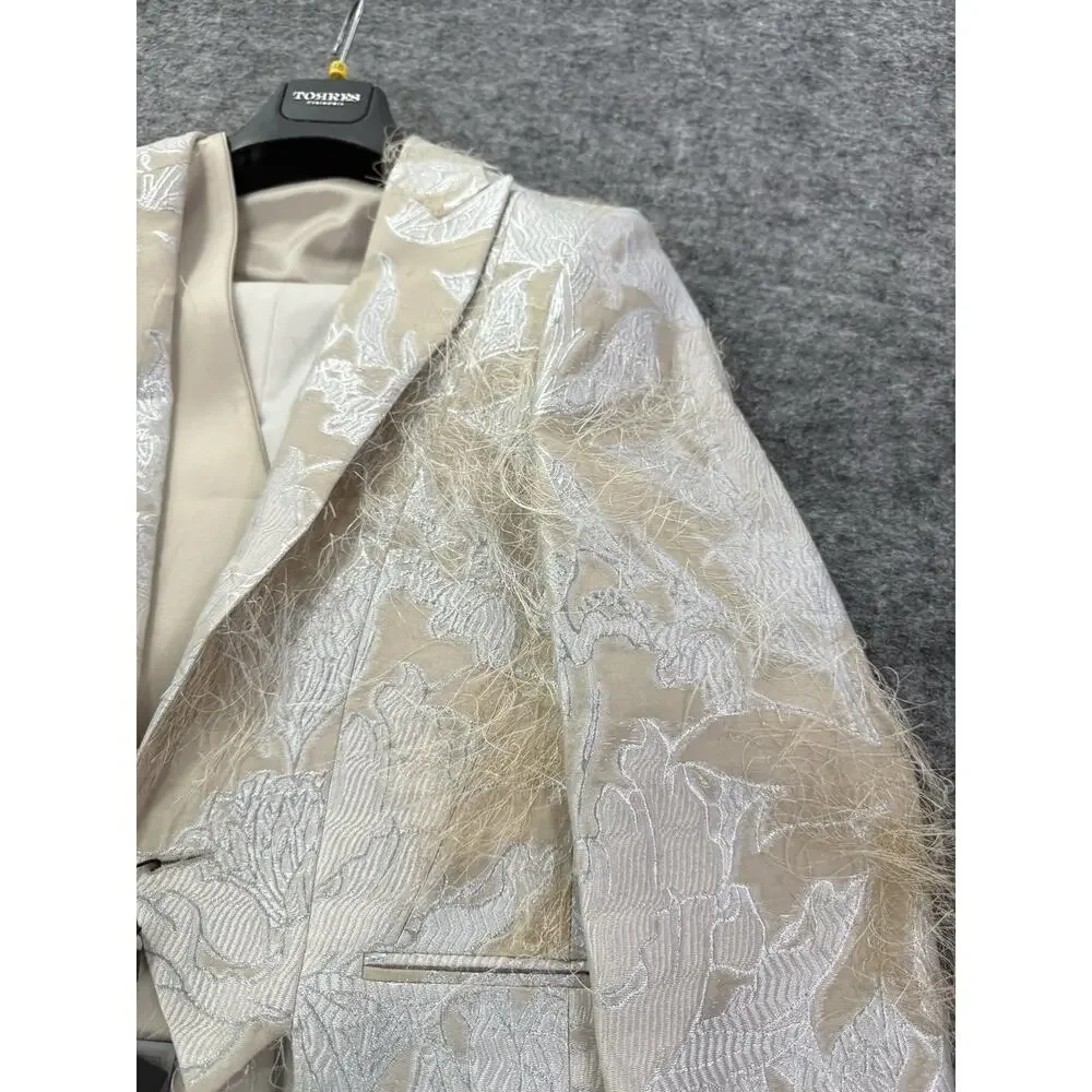 Torres Mens Tuxedo Suit 38 US 48 EU Beige Floral Borcade Tasseled 3pcs Set N11